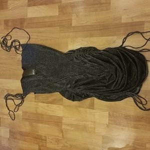 Nasty Gal Shimmer of Hope Cowl Mini Dress Ruching Draw String Metallic Black 4